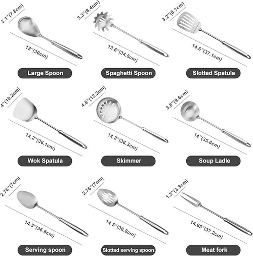 304 Stainless Steel Cooking Utensils Set, 9 PCS Metal Stainless Steel Kitchen Utensils Set, Serving Spoon, Spaghetti Spoon, Skimmer, Meat Fork etc (Dishwasher Safe)