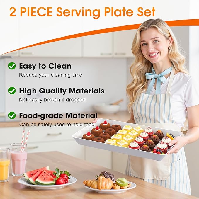 10-Pack Serving Tray, Serving Platter for Parties, Entertaining, Camping & Food Display, Reusable & Stackable Plastic Trays in Kitchen, Rectangular Food Platters for Cookie, Appetizer(White)