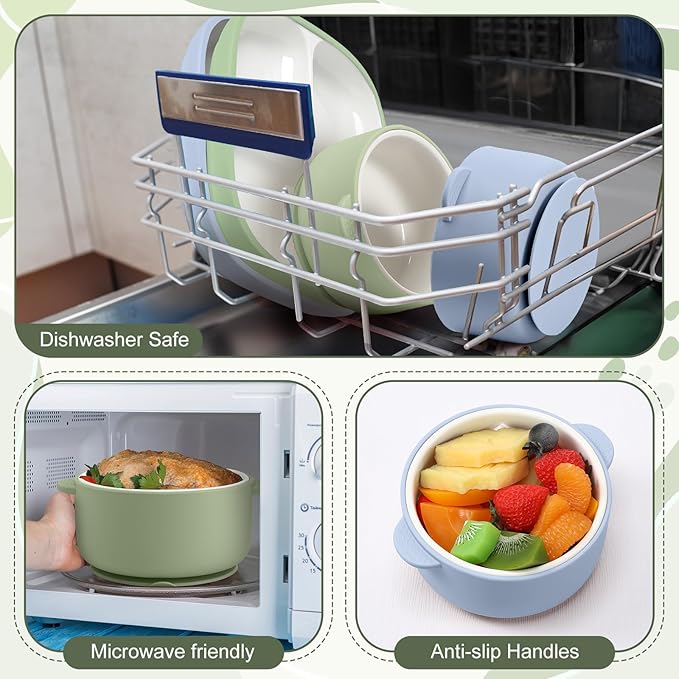 Domensi 4 Pcs Square Porcelain Kid Plate and Bowl Set with Suction, 2 Ceramic Toddler Divided Plate 2 Baby Anti Slip Silicone Sleeve Bowl for Feeding Supplies Microwave Dishwasher Safe(Blue, Green)