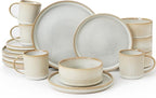 Famiware Star Dinnerware Set with Mugs, Service for 4 (16pcs), Ribbed Stoneware Plates and Bowls Dishes Sets - Chip & Scratch Resistant, Microwave & Dishwasher Safe, Cappuccino White