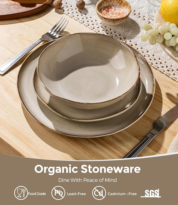 GBHOME Stoneware Dinnerware Sets for 8, 24 Pieces Rustic Ceramic Plates and Bowls Set, Handmade Reactive Glaze Plate Sets, Highly Chip Resistant Dishes, Microwave & Dishwasher Safe, Oatmeal Linen