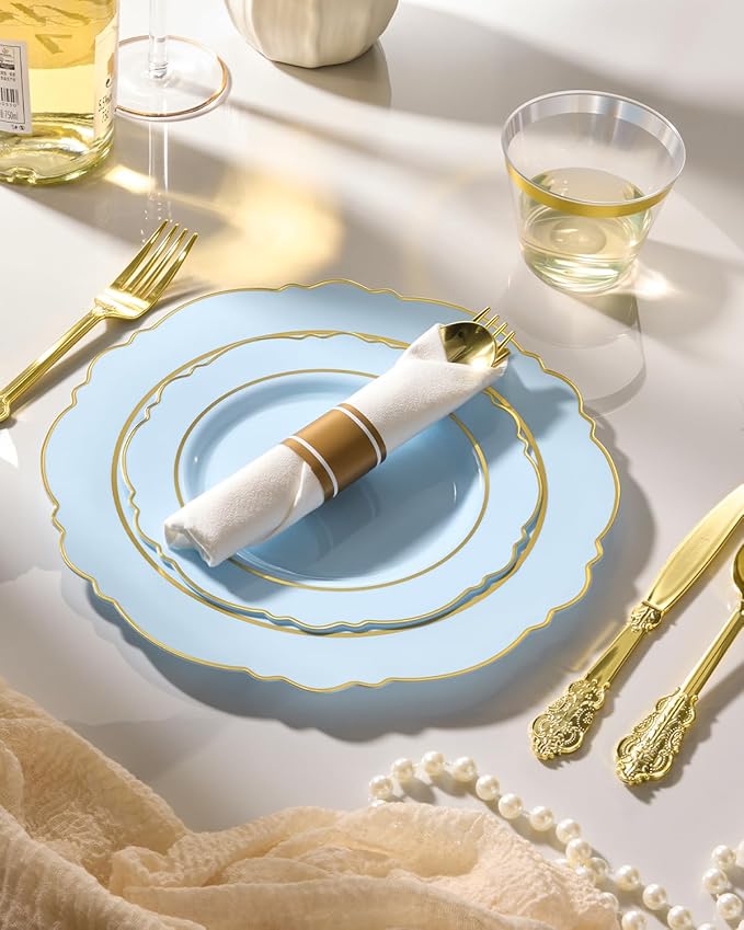 realluck 350 Piece Light Blue Plastic Dinnerware Set for 50 Guests Elegant Baroque Disposable Dinnerware for Weddings, Parties, 100 Plastic Plates, 50 Pre Rolled Napkins with Silverware, 50 Cups