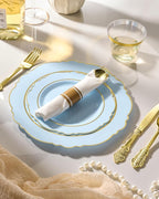 realluck 350 Piece Light Blue Plastic Dinnerware Set for 50 Guests Elegant Baroque Disposable Dinnerware for Weddings, Parties, 100 Plastic Plates, 50 Pre Rolled Napkins with Silverware, 50 Cups
