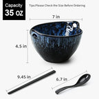 Ramen Bowl with Chopsticks and Spoons Set, 7 Inch Ceramic Noodle Bowl Set of 2, Dishwasher Safe for Pho Udon Soba Noodle Salad Pasta, Special Reactive Glazed Navy Bowls Set