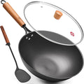 WANGYUANJI Carbon Steel Wok Pan - 12.6 Inch Flat Bottom Wok, Premium Stir Fry Pan, Uncoated Iron Woks for Induction Cookware and Gas Stoves