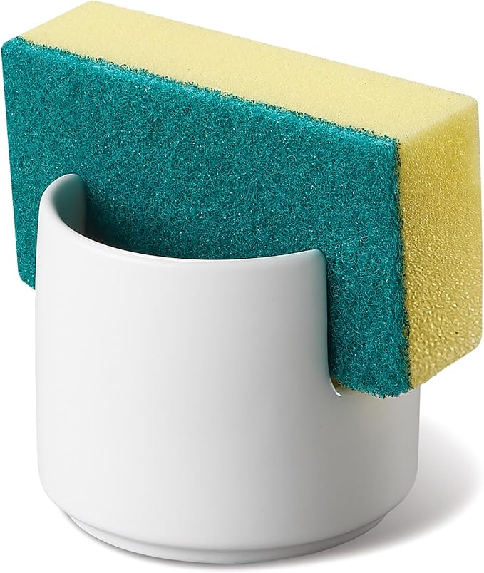 ONEMORE Ceramic Sponge Holder for Kitchen Sink, Kitchen Sink Organizer with Drain, Dish Sponge and Soap Holder for Sink Counter, Cute Corner Ceramic Sponge Holder, In Sink Sponge Storage, White
