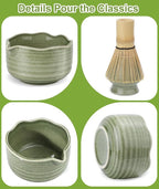 JBER Matcha Whisk Set, Ceramic Matcha Set Includes Matcha Bowl, Matcha Whisk (Chasen) and Holder, Sifter, Bamboo Scoop, Spoon & Rest - 7 Pcs Matcha Kit Set for Matcha Lovers Ceremony, Mottled Green