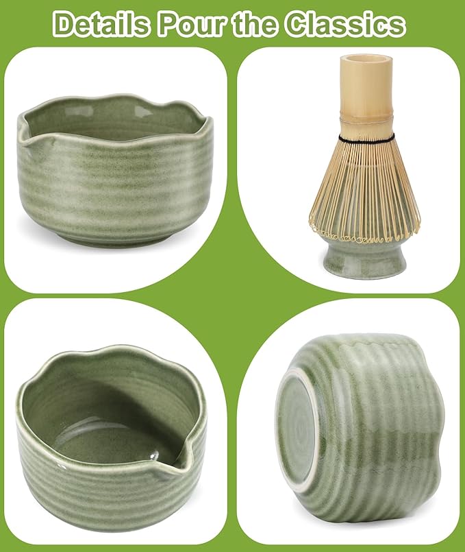 JBER Matcha Whisk Set, Ceramic Matcha Set Includes Matcha Bowl, Matcha Whisk (Chasen) and Holder, Sifter, Bamboo Scoop, Spoon & Rest - 7 Pcs Matcha Kit Set for Matcha Lovers Ceremony, Mottled Green