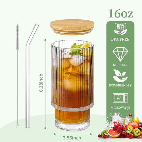 4 Pack Glass Cups with Lids and Straws, 16oz Ribbed Drinking Glasses Tumblers Durable Drinkware Water Glasses Cup Ideal Gift for Home, Kitchen, Office