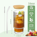 2 Pack Glass Cups with Lids and Straws, 16oz Ribbed Drinking Glasses Tumblers Durable Drinkware Water Glasses Cup Ideal Gift for Home, Kitchen, Office