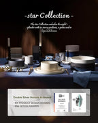 Famiware Star 24-Piece Stoneware Dinnerware Sets with Trim, Service for 6 - Ceramic Mugs, Plates, Bowls, Dishes for Everyday/Party/Formal Use, Chip/Scratch Resistant, Microwave/Dishwasher Safe, White