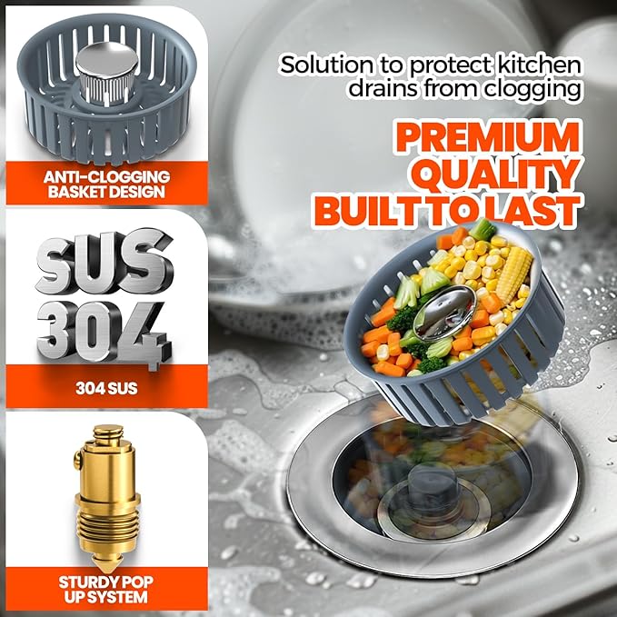Sink Drain Strainer - Sink Stopper, 3 in 1 Kitchen Stainless Steel Drain Plug with Anti-Clog Basket, Pop-Up Cover Fits Standard 3-1/2” Openings for Double Bowl Kitchen Sinks