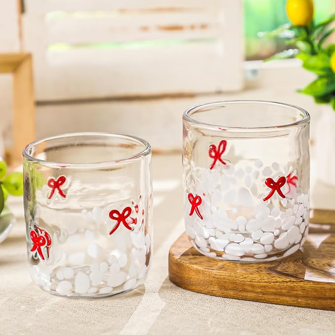 Skylety 2 Pack Red Bow Icon Glass Cups 14 oz Bow Icon Juice Glasses Coquette Aesthetic Cup Drinking Cocktail Wine Water Coffee for Valentines Anniversary Engagement Wedding Gifts Party Supplies