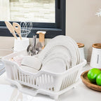 Noamus 2-Piece Plastic Dish Drying Rack, Heavy Duty Sink Set Dish Rack, White Large Drainer with Attached Drainboard Utensil Cup Holders for Home Kitchen Counter Top Organizers