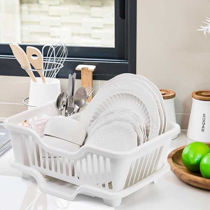 Noamus 2-Piece Plastic Dish Drying Rack, Heavy Duty Sink Set Dish Rack, White Large Drainer with Attached Drainboard Utensil Cup Holders for Home Kitchen Counter Top Organizers