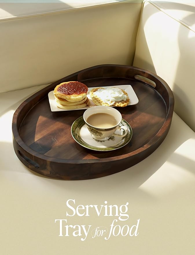 TIDITA Acacia Oval Wooden Serving Tray with Handless - 16.5" x 13" Ottoman Table Oval Wooden Tray - Round Serving Tray - Ottoman Tray for Living Room, Coffee Table Decor, Serving Platter, Walnut color