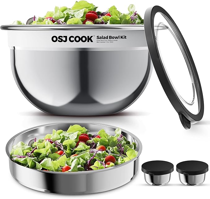 18/8 Stainless Steel Salad Bowl Kit - 74oz, Salad Bowls to go for Lunch, Comes with 1.7oz Condiment Container and Removable Tray for Organization - Leak-Proof, Dishwasher Safe (Mirror)