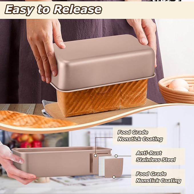 LIANYU Loaf Pans for Bread Baking, 9×5 Inch Stainless Steel Loaf Bread Tins, Non-Stick Baking Pans for Homemade Banana Sandwich Sourdough, Healthy & Sturdy, Set of 6, Rose Gold