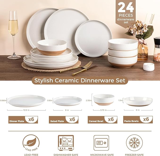 GBHOME 24-Piece Ceramic Dinnerware Set for 6, Handpainted Plates, Pasta Bowls & Bowls Set with Rustic Terracotta Underside, Scratch-Resistant, Dishwasher & Microwave Safe,Speckled Glaze Beige