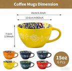 Coffee Mug Set of 6, 15 oz Boho Coffee Mug Ceramic with Handle, Porcelain Tea Cups Set, 6 Pcs Coffee Cups for Cappuccino and Latte, Microwave & Dishwasher Safe, Ideal Gift for Family/Friend