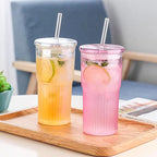JunVpic Glass Coffee Cups with Lids and Straws, 20 OZ Pink Iced Water Glasses Tumblers for Ice Juice, Tea, Milk, Smoothie and Cold or Hot Drinks, Set of 2