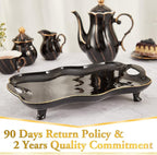 DUJUST Porcelain Serving Tray with Handles, Luxury British Style Coffee Table Tray with Golden Rim, Beautiful Tea Tray Decor for Living Room, Easy to Use & Clean - Black