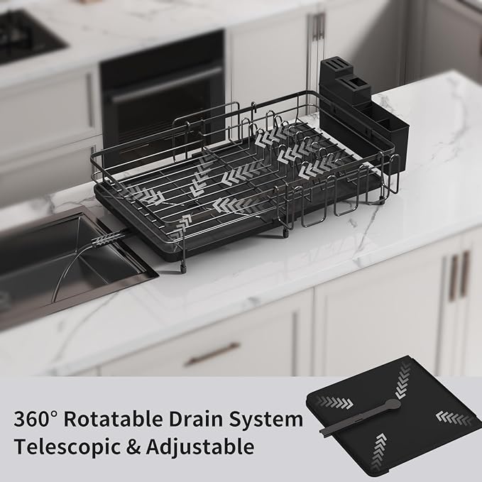 Foldable Dish Drying Rack for Kitchen Counter, Drying Rack Kitchen Counter, Sink Dish Drainer with Plate Holder, Small Kitchen Dish Strainer & Dish Dryer Organizer, Adjustable 13.7"-22.83"