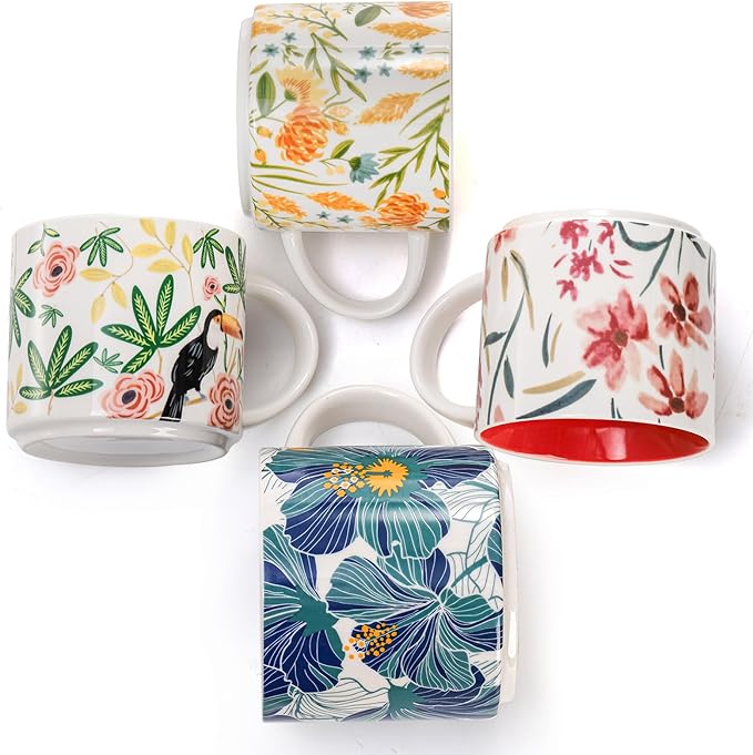 Frcctre Set of 4 Ceramic Coffee Mug Set, Large 15 Ounce Ceramic Tea Cup with Handle, Vintage Hand Painted Floral Porcelain Mug Colorful Restaurant Mug for Coffee, Tea, Milk, Hot Cocoa