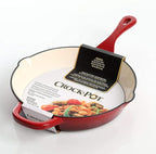 Crock-Pot 10 Inch Enameled Cast Iron Skillet with Handles - Ideal for Searing, Roasting, Frying - Even Heat Distribution, Pour Spouts - Oven-Safe & Stovetop Safe (Red)