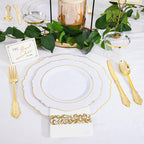 WDF Partyware 350 Pieces Gold Disposable Plates for 50 Guests, Plastic Plates for Party, Dinnerware Set of 50 Dinner Plates, 50 Salad Plate, 50 Spoons, 50 Forks, 50 Knives, 50 Cups for Mother's Day