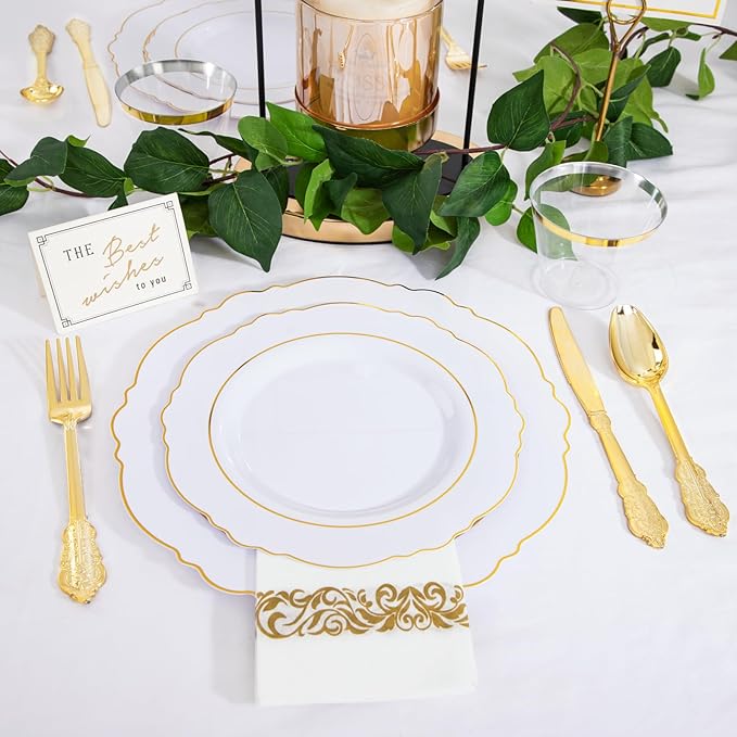 WDF Partyware 350 Pieces Gold Disposable Plates for 50 Guests, Plastic Plates for Party, Dinnerware Set of 50 Dinner Plates, 50 Salad Plate, 50 Spoons, 50 Forks, 50 Knives, 50 Cups for Mother's Day