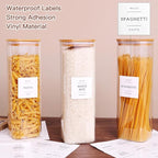 3 Pack Square Kitchen Storage Jars with Airtight Bamboo Lids and 132 Pantry Labels - 80oz Glass Canisters with Wood Lids - Food Storage Containers for Spaghetti, Pasta, Fettuccine