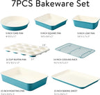CAROTE 7-Piece Nonstick Ceramic Baking Pans Set - Bakeware Sets Including Cookie Sheets for Baking, Muffin Pan, Bread Pan, Cake pan, Loaf Pan, Roasting Pan, and Cooling Rack, LIght Blue & White
