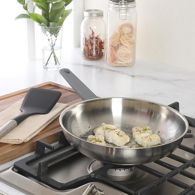 Oster Beauford 10-Inch Stainless Steel Frying Pan – Induction, Oven & Dishwasher Safe Skillet, Soft-Touch Gray Handle, 5-Ply Encapsulated Bottom
