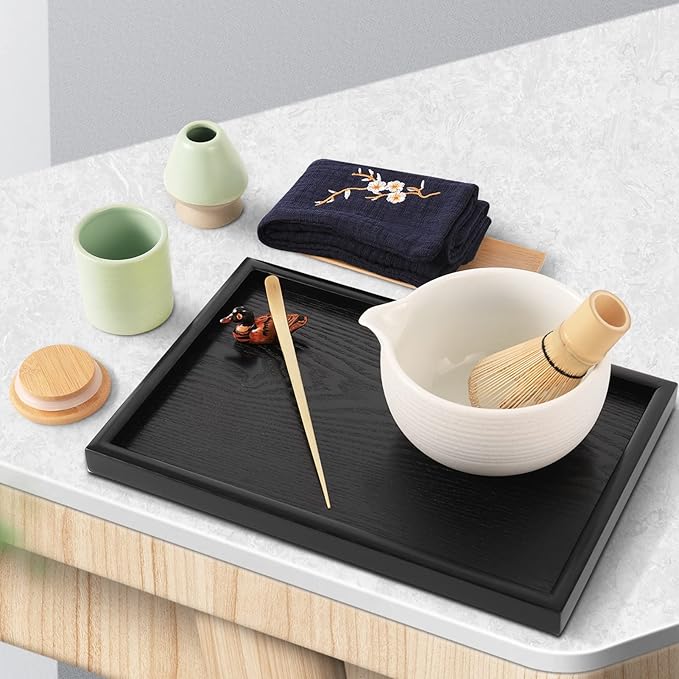 Artcome Japanese Matcha Tea Set, Matcha Bowl with Pouring Spout, Black Tea Tray, Matcha Whisk, Ceramic Whisk Holder, Matcha Powder Caddy, Handmade Matcha Ceremony Kit For Japanese Tea Ceremony (10Pcs)