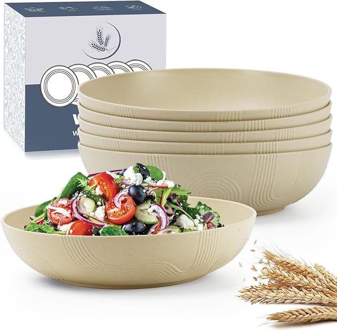 Wrova 10inch Wheat Straw Big Bowls Set of 6 - Large Salad Bowls 65oz set of 6 - Unbreakable Serving Bowls Microwave & Dishwasher Safe for restaurant - Big Plastic Bowls for Cereal,Salad - Beige Series