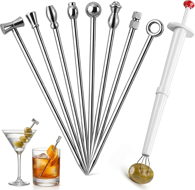 8 PCS Metal Martini Cocktail Picks for Drinks, Reusable Stainless Steel Martini Picks with Pickle Grabber, Dishwasher Safe for Dirty Martinis, Appetizers & Olives, Bloody Mary Bar Supplies