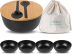 ECOWAY Bamboo Fiber Salad Bowl Set,Large Mixing Bowl with Natural Bamboo Lid and Utensils,4 Serving Bowls,Spoon,Fork and Fabric Bag for Salad,Soup,Vegetables,Pasta and Fruits(Black,9.8inches)