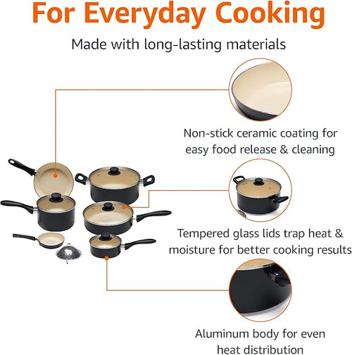Amazon Basics 11-Piece Ceramic Non-Stick Pots and Pans Set, Dishwasher & Oven Safe, Easy Clean, Glass Lids, Black/Cream