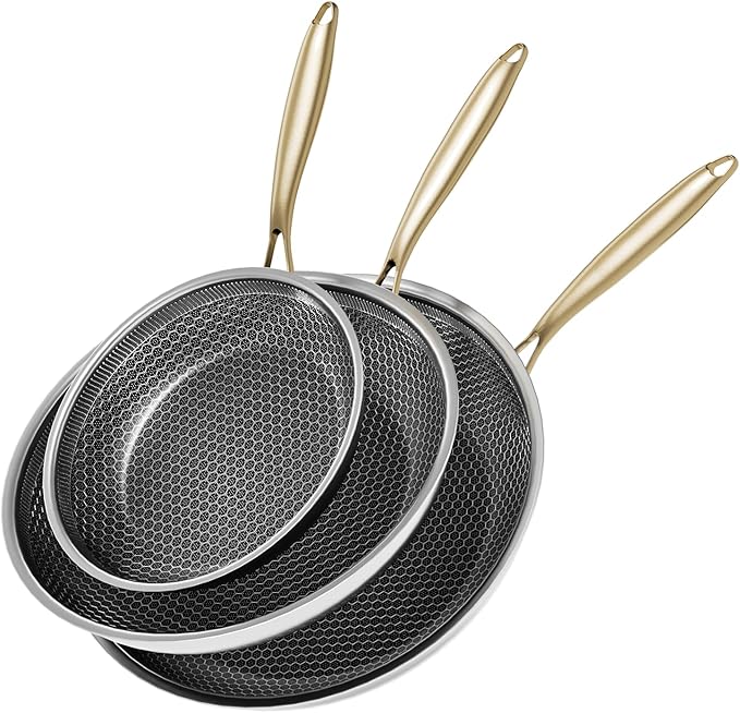 Honeycomb Stainless Steel Nonstick Frying Pan with Lid Set (No Lid Included), Induction Cooktop Compatible Skillet, PFOA-Free Scratch-Proof, Dishwasher & Oven Safe, Gold Kitchen Cookware