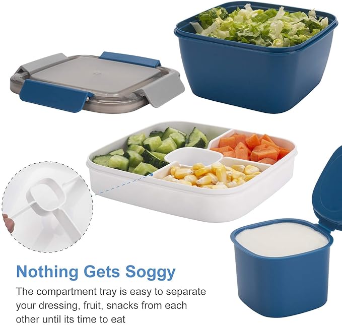 Freshmage Salad Lunch Container To Go, 2 Packs 52-oz Salad Bowls with 3 Compartments, Salad Dressings Container for Salad Toppings, Snacks, Men, Women (Blue+Green)