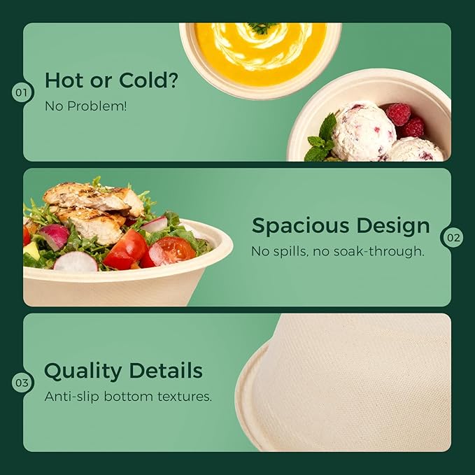 24 OZ Heavy Duty Disposable Bowls - Eco-friendly Sugarcane Bagasse - Biodegradable and Compostable - Ideal for Cereal, Rice, French Fries [100 Pack]