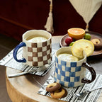Retro Checkered Ceramic Coffee Mug 16Oz - Extra Large Handle, Microwave Safe Vintage Patterned Tea Cup for Home, Office Blue and White Checkered Pattern, Brown Handle