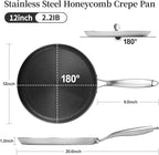 Innerwell Stainless Steel Crepe Pan - 12 Inch Nonstick Crepe Pan, Stainless Steel Honeycomb Coating Pancake Pan, Non Stick Flat Skillet Tawa Dosa Tortilla Griddle Pan, Induction Compatible, PFOA Free
