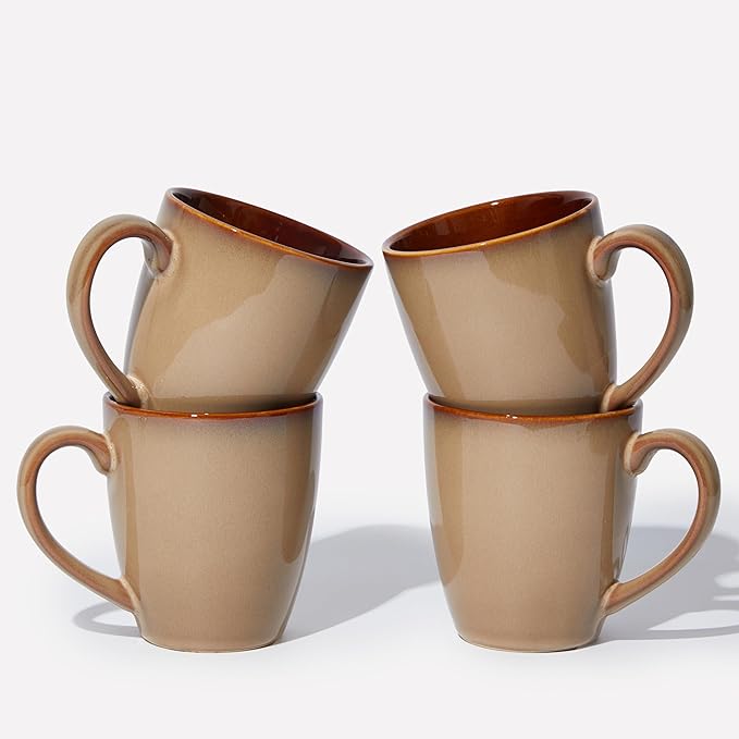 Pokini Coffee Mug 14 oz, Ceramic Coffee Mugs Set of 4, Reactive Glaze Mug for Latte/Tea/Cappuccino, Large Stackable Mug Set for Men, Women, Dad, Mom, Dishwasher & Microwave Safe, Brown Yellow