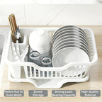 Noamus 2-Piece Plastic Dish Drying Rack, Heavy Duty Sink Set Dish Rack, White Large Drainer with Attached Drainboard Utensil Cup Holders for Home Kitchen Counter Top Organizers