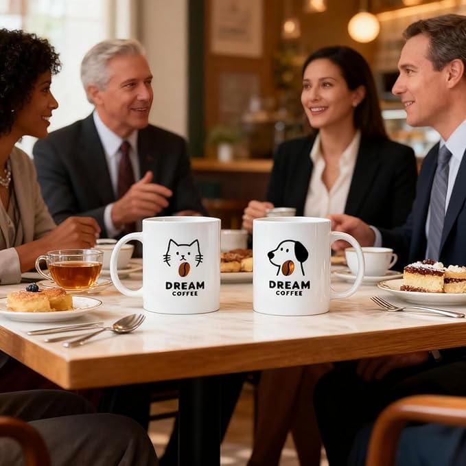 Pet Lover Mug Set Cute Cat & Dog “Dream Coffee” Ceramic Mugs, Gift Boxed Coffee & Tea Cup Set for Pet Owners, Cute Animal Mugs, Birthday or Holiday Gift