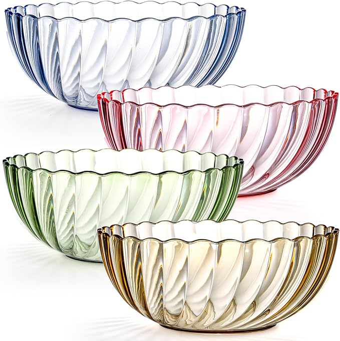Fasmov 4 Pack Plastic Serving Bowls, Plastic Salad Mixing Bowls, 74oz Break Resistant Plastic Bowls for Salad, Fruit, Popcorn, Chip and Dip, Multicolor