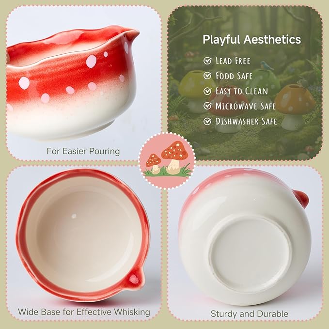 Cute Matcha Set With Mushroom Design Bowl And Whisk Holder, Unique Japanese Matcha Kit Gifts For Women Girls Friends Tea Lovers, Red