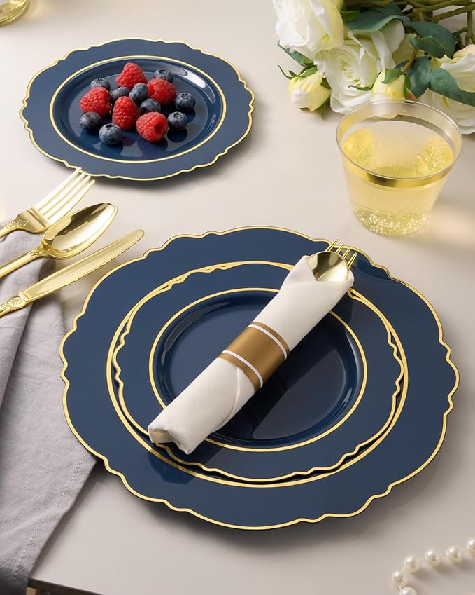 realluck 350 Piece Navy Blue Plastic Dinnerware Set for 50 Guests Elegant Baroque Disposable Dinnerware for Weddings, Parties, 100 Plastic Plates, 50 Pre Rolled Napkins with Silverware, 50 Cups